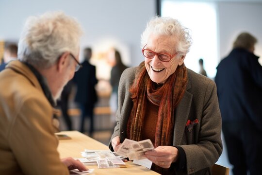 Two elderly individuals engage in conversation at a blind date event, exchanging sheets with personal information about each other