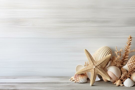 Image with starfish and shells on white wooden background, featuring empty space. Generative AI