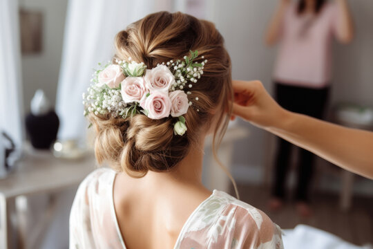 Woman styling bridal hair for her wedding
