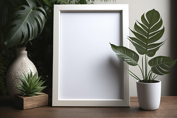 Over a wooden table, a white empty photo frame with a house plant can be seen. For mockups, text and a photo montage might be used. Generative AI