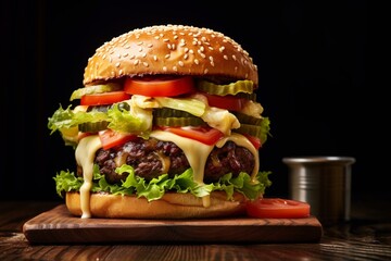 A mouthwatering burger with salad and cheese. Generative AI