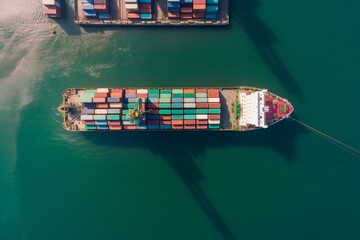 An aerial view of a shipping vessel at an industrial port engaged in loading and unloading for global import and export logistics. Generative AI