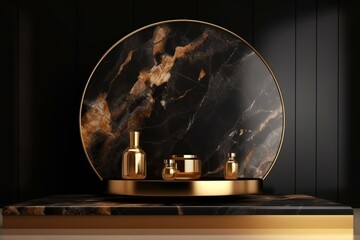 Elegant product display on a golden black marble wall with a platform stage and a golden fissure. Generative AI