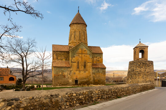 View of ancient Orthodox Church of Assumption of Blessed Virgin Mary in small Georgian village of Metekhi on spring day, Kaspi Municipality, Shida Kartli region