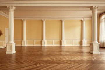 View of a spacious dining room with sideboard, empty canvas, column, beige wall, and parquet floor. Generative AI - obrazy, fototapety, plakaty