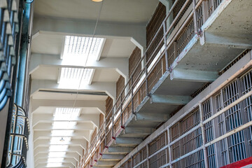 Rows of jail cells at the former Alcatraz penitentiary in San Francisco, California.