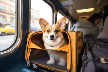 Dog corgi inside a travel carrier box for animals