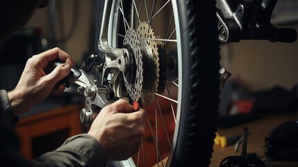 Close up hand of male mechanic working in bicycle repair shop, repairing broke bike - obrazy, fototapety, plakaty