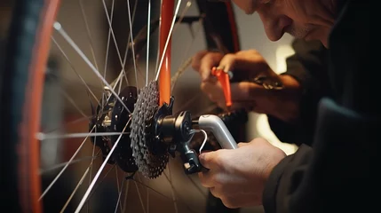 Deurstickers Close up hand of male mechanic working in bicycle repair shop, repairing broke bike © Gethuk_Studio