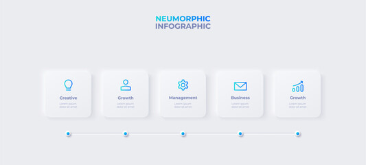 Neumorphism timeline infographic. Skeuomorph concept with 5 options, parts, steps or processes