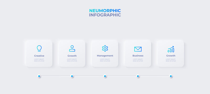 Neumorphism timeline infographic. Skeuomorph concept with 5 options, parts, steps or processes