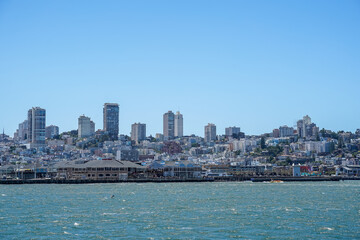 San Francisco, California - USA - June 19, 2023 - View from tour boat coming from Alcatraz Island. View of the city from the water.