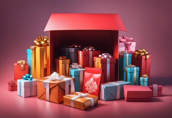3d illustration design of gift boxes on white background, open trade parcel, photo for advertising - obrazy, fototapety, plakaty