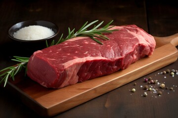 Fresh, juicy, prime beef; uncooked, crimson-colored, organic strip steak from New York. Generative AI