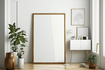 white room with wooden-framed mirror. White room, mirror. mirror, wooden frame. Generative AI