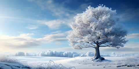 Winter Wonderland, Majestic Snow-Covered Tree in Sunlit Landscape