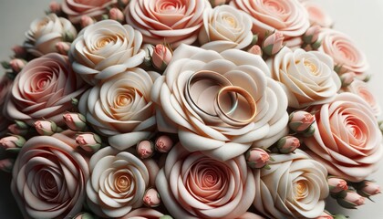 Wedding Ring Close-up Among Soft Pastel Roses

