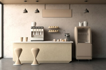 Contemporary and minimalist cafe shop design, beige gloss counter, granite stone wall back, beige-colored coffee equipment, beige-colored stools, and concrete floors. Generative AI