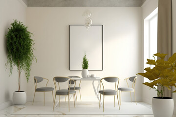Front view of a light dining room with a dining table, chairs, a beige and marble wall, a concrete floor, and a houseplant. minimalist design principle. a mockup. Generative AI