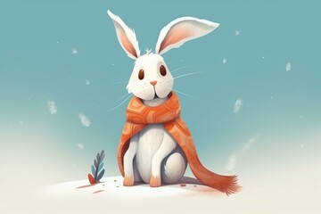 A festive rabbit with a scarf sitting, bringing Christmas and New Year's joy through a cartoon illustration. Generative AI