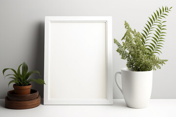 Table with a blank wooden frame and a pot of domestic flowers. White picture frame with a houseplant in a fashionable room. gardens, a healthy lifestyle, and a home concept. Generative AI