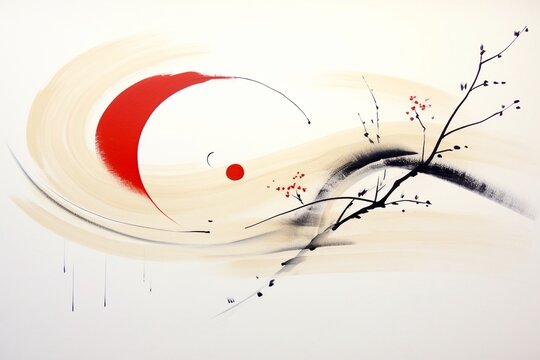 Fototapeta Abstract black tree branch with gold wind and red crescent, calligraphy style watercolor ink minimalist meditation painting illustration with flowing organic curved shapes 
