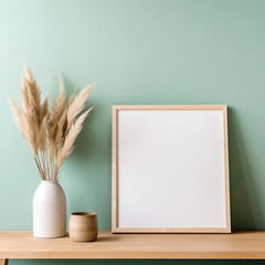 blank mockup picture frame on wood side table
