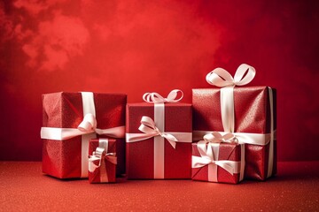 Four elegant red gift boxes of varying sizes adorned with red and white ribbons on a vibrant red background, perfect for New Year, Valentine's Day, Christmas, and birthdays. Generative AI