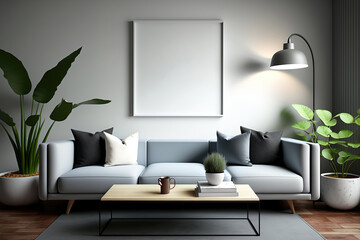 illustration, interior scene, mockup, modern living room wall decorating. Generative AI