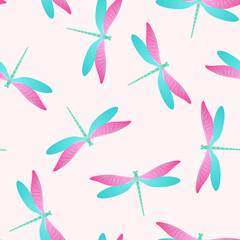 Dragonfly cute seamless pattern. Repeating clothes fabric print with flying adder insects. Garden