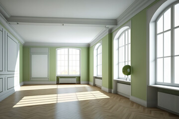 Lovely, spacious room with three large, full-wall windows, glossy parquet flooring, light green walls, and white plinth. example using a Windows Work Path. 7680x4320 in 8K Ultra HD. Generative AI