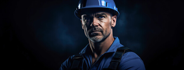 Panoramic banner headshot of Electrician professional over dark background with copy space
