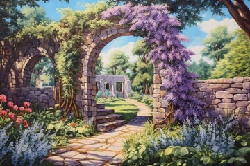 summer garden with stone arch, lilac bushes, flowering trees, blue sky, clouds. Generative AI