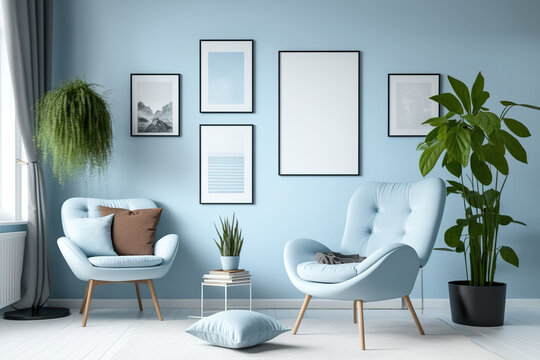 Posters are displayed in a light-blue room with four photo frames, a chair, and plants. Generative AI
