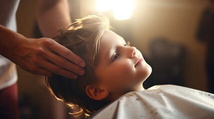 Little boy getting his hair cut - obrazy, fototapety, plakaty