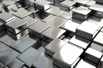 Arranged glossy tiles on silver wall. Luxurious 3D blocks form background. Rendered. Generative AI