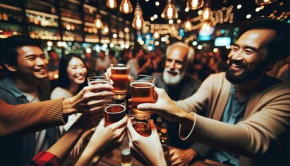 Close-up image in a lively pub with soft indoor lighting. Friends of different backgrounds share a special moment, raising their glasses - obrazy, fototapety, plakaty