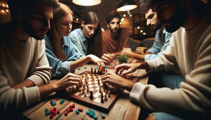 Detailed shot in a cozy room illuminated by soft indoor lights. A group of friends, diverse in gender and ethnicity, are immersed in a board game
