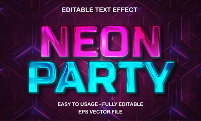 Neon party editable text effect template, 3d bold neon glossy futuristic style typography, premium vector - obrazy, fototapety, plakaty