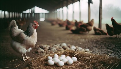 Chicken Farming: Serene Scene with Hen and Eggs

