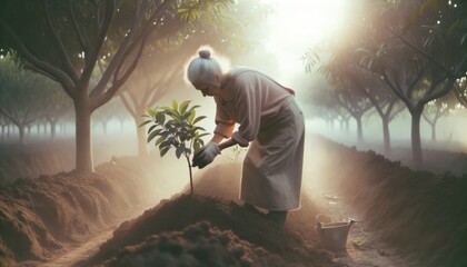 Senior Woman Planting Sapling in Farm Setting

