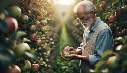 Naklejka na ściany i meble Senior Man Picking Ripe Apple in Orchard