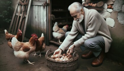 Senior Man Collecting Eggs by Chicken Coop
