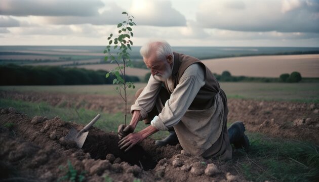 Serene Senior Man Planting Tree in Vast Field
