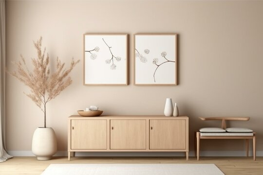 3D rendering of a mock-up frame in a Scandinavian style beige room with natural wooden furniture. Generative AI