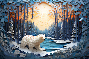 Winter Wonderland, A Papercut Fantasy of Snowy Forest, Tree, and Bear