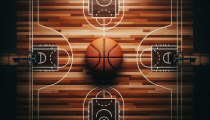 Contrasting Basketball Court Lines on Wooden Floor