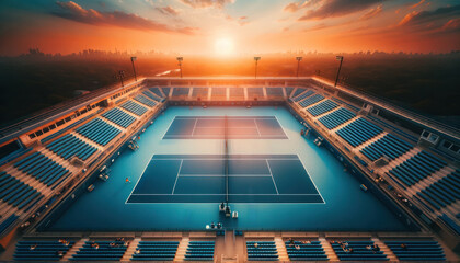 Aerial View of Blue Hard Court Tennis Arena - obrazy, fototapety, plakaty