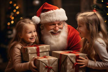 Fototapeta na wymiar Santa Claus Surprises Children with Holiday Gifts And presents for Christmas and New Year