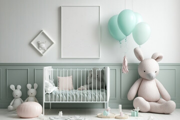 a mock-up of empty poster frames on a white wall in a nursery room with baby bedding, soft toys, balloons,. Generative AI